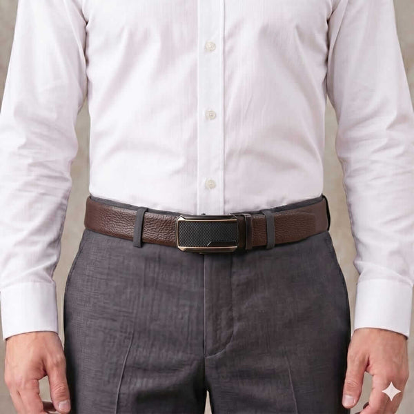 Mens 100% Genuine Leather Belt - LUXORIC Pebble-Grain, KINGVAR Carbon-Texture Auto-Lock Buckle (Brown & Black Reversible)