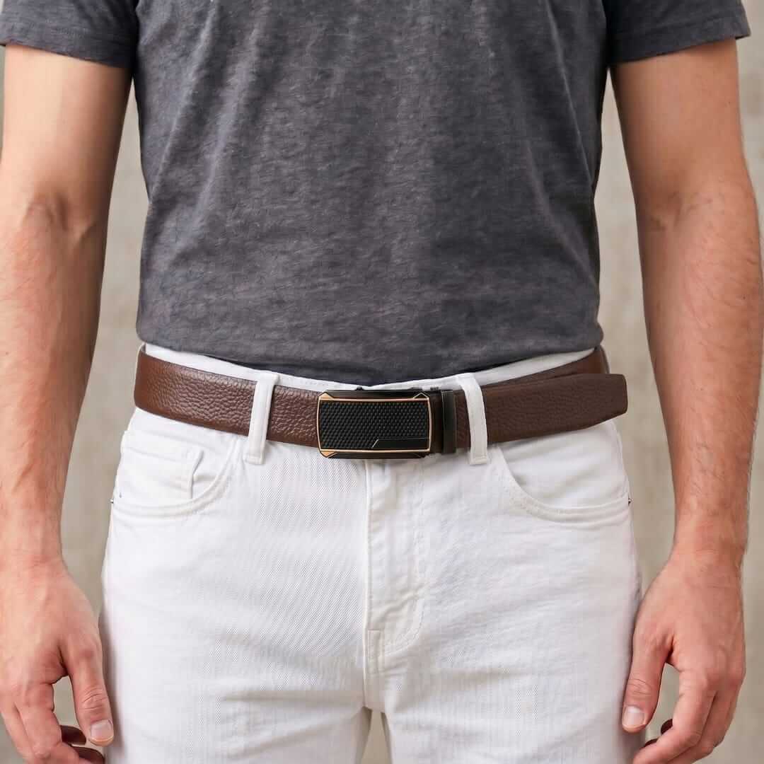 Mens 100% Genuine Leather Belt - LUXORIC Pebble-Grain, KINGVAR Carbon-Texture Auto-Lock Buckle (Brown & Black Reversible) — Leather Belts for Men | THE MEN THING
