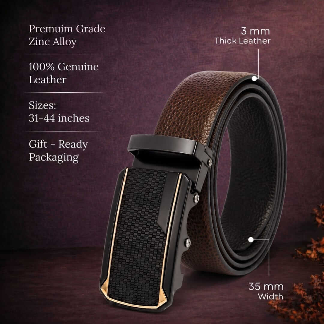 Mens 100% Genuine Leather Belt - LUXORIC Pebble-Grain, KINGVAR Carbon-Texture Auto-Lock Buckle (Brown & Black Reversible) — Leather Belts for Men | THE MEN THING