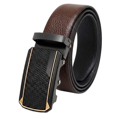 Mens 100% Genuine Leather Belt - LUXORIC Pebble-Grain, KINGVAR Carbon-Texture Auto-Lock Buckle (Brown & Black Reversible) — Leather Belts for Men | THE MEN THING