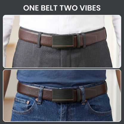 Mens 100% Genuine Leather Belt - LUXORIC Pebble-Grain, DRAKO Ribbed Auto-Lock Buckle (Brown & Black Reversible) — Leather Belts for Men | THE MEN THING