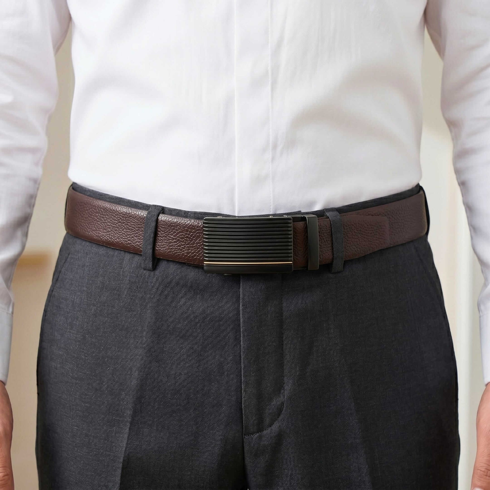Mens 100% Genuine Leather Belt - LUXORIC Pebble-Grain, DRAKO Ribbed Auto-Lock Buckle (Brown & Black Reversible) — Leather Belts for Men | THE MEN THING