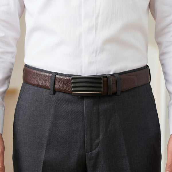 Mens 100% Genuine Leather Belt - LUXORIC Pebble-Grain, DRAKO Ribbed Auto-Lock Buckle (Brown & Black Reversible)