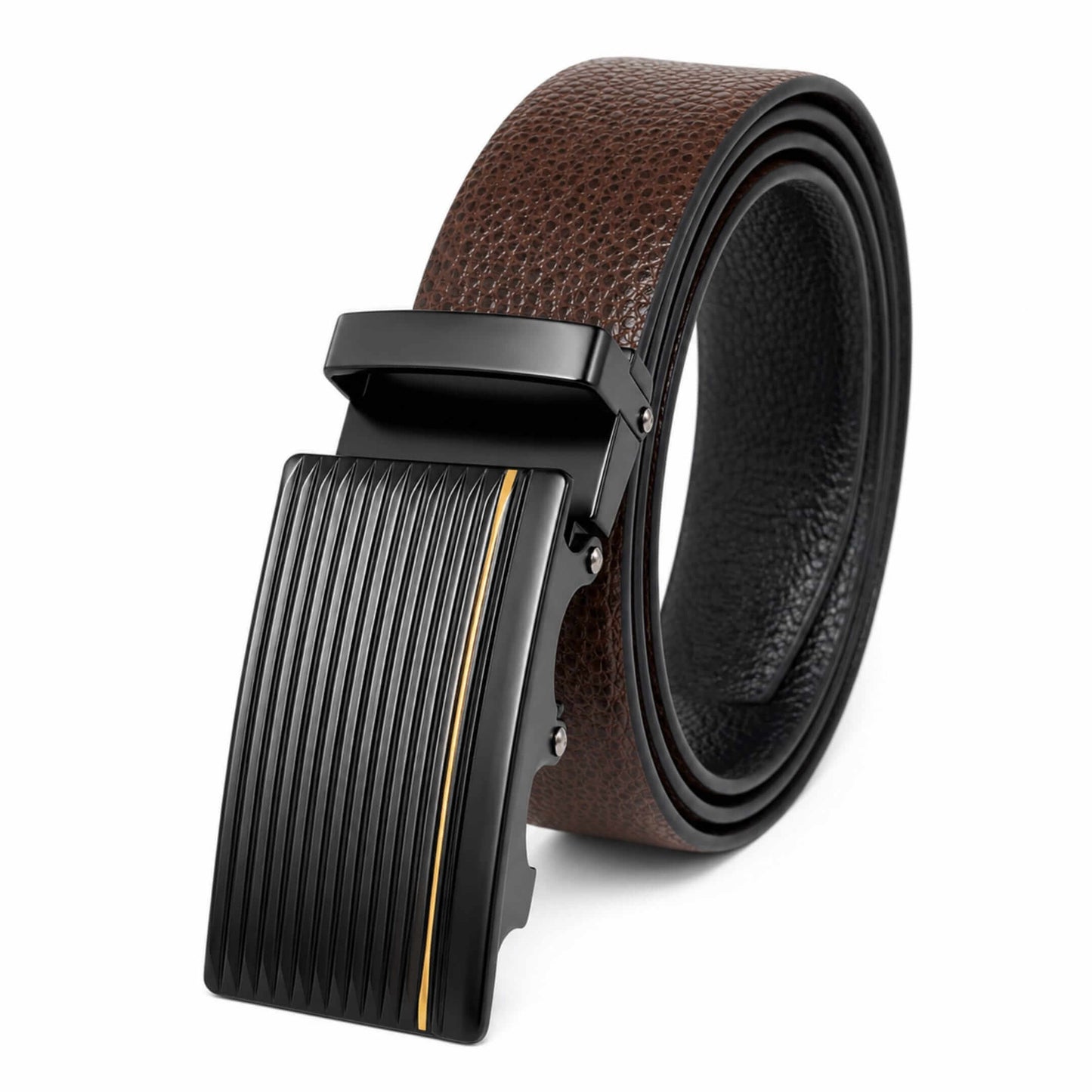 Mens 100% Genuine Leather Belt - LUXORIC Pebble-Grain, DRAKO Ribbed Auto-Lock Buckle (Brown & Black Reversible) — Leather Belts for Men | THE MEN THING
