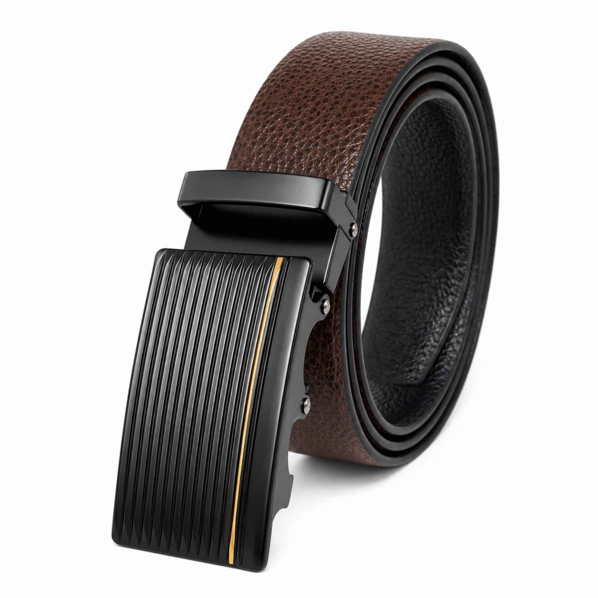Mens 100% Genuine Leather Belt - LUXORIC Pebble-Grain, DRAKO Ribbed Auto-Lock Buckle (Brown & Black Reversible) — Leather Belts for Men | THE MEN THING