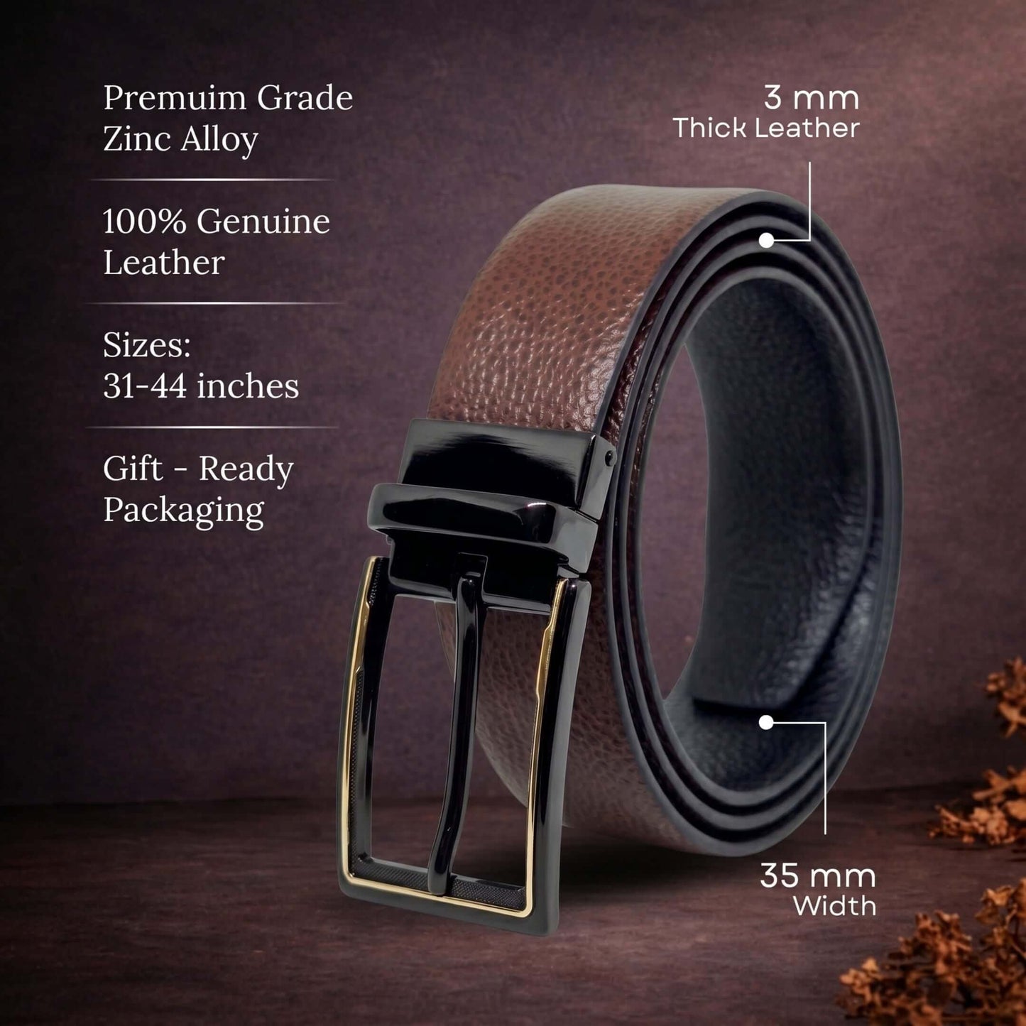 Mens 100% Genuine Leather Belt - LUXORIC Pebble-Grain, CYRON Gold-Edge Gunmetal Pin Buckle (Brown & Black Reversible) — Leather Belts for Men | THE MEN THING