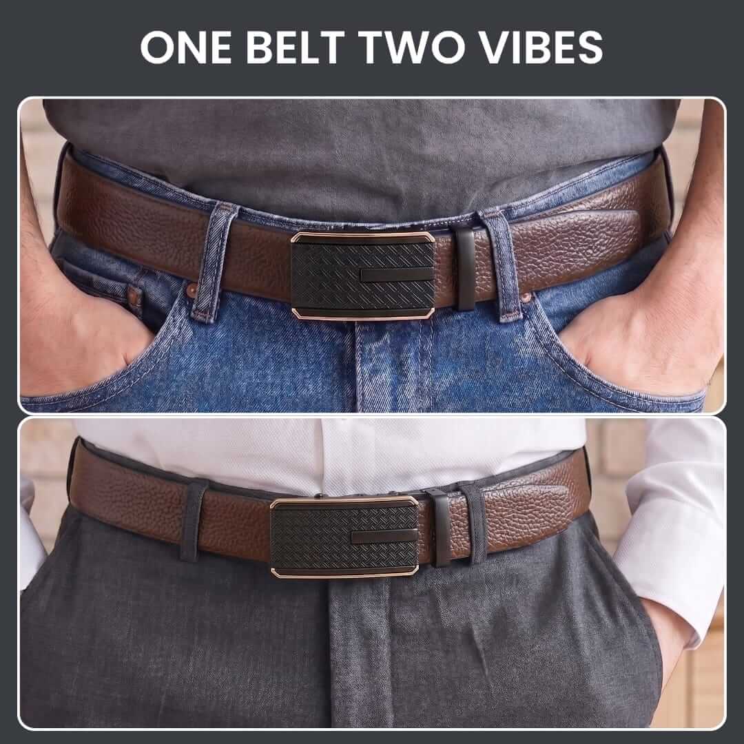 Mens 100% Genuine Leather Belt - LUXORIC Pebble-Grain, KRYPT Basket-Weave Auto-Lock Buckle (Brown & Black Reversible) — Leather Belts for Men | THE MEN THING