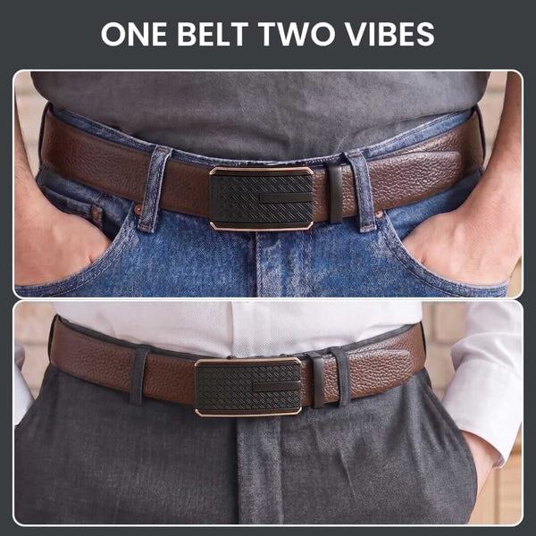 Mens 100% Genuine Leather Belt - LUXORIC Pebble-Grain, KRYPT Basket-Weave Auto-Lock Buckle (Brown & Black Reversible)