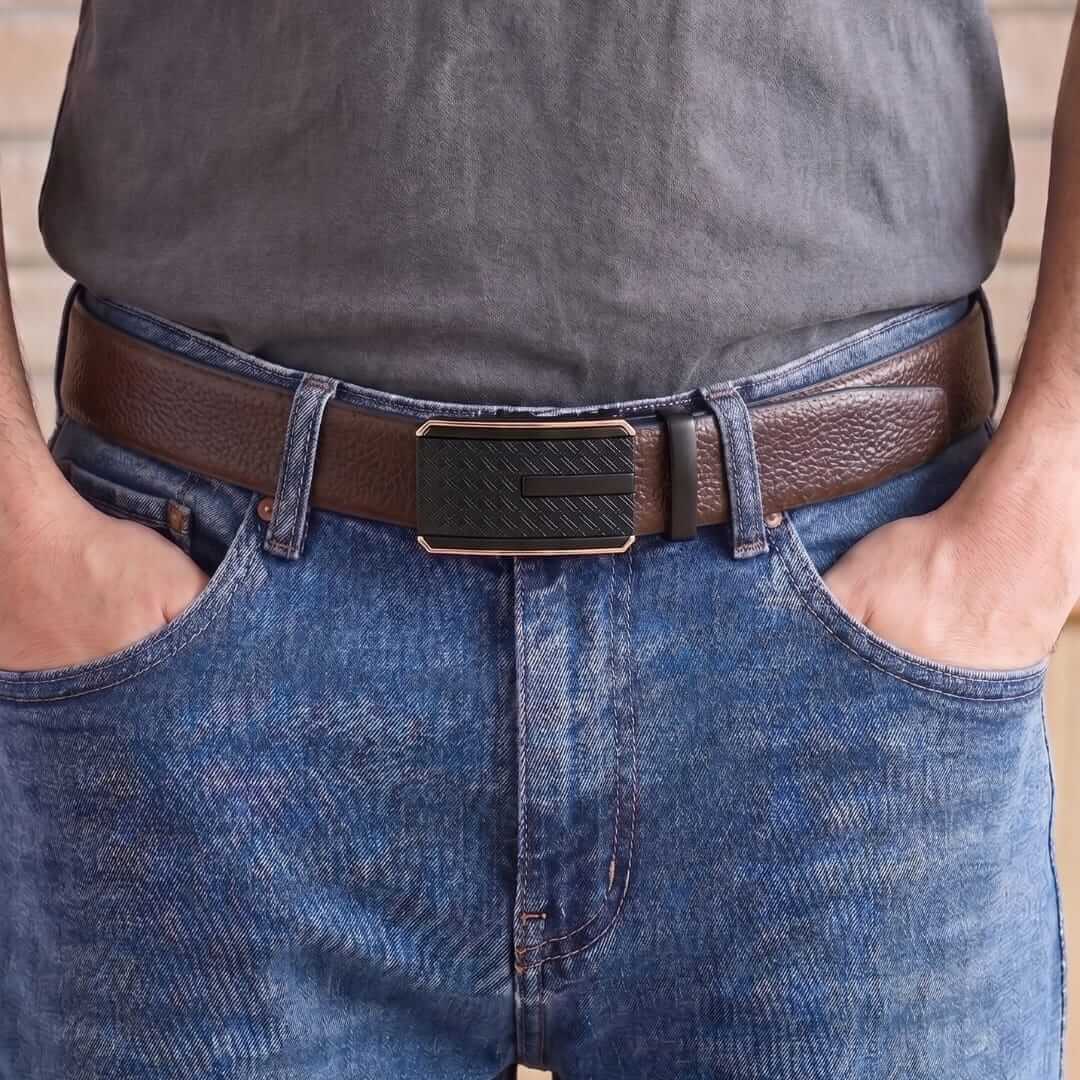 Mens 100% Genuine Leather Belt - LUXORIC Pebble-Grain, KRYPT Basket-Weave Auto-Lock Buckle (Brown & Black Reversible) — Leather Belts for Men | THE MEN THING