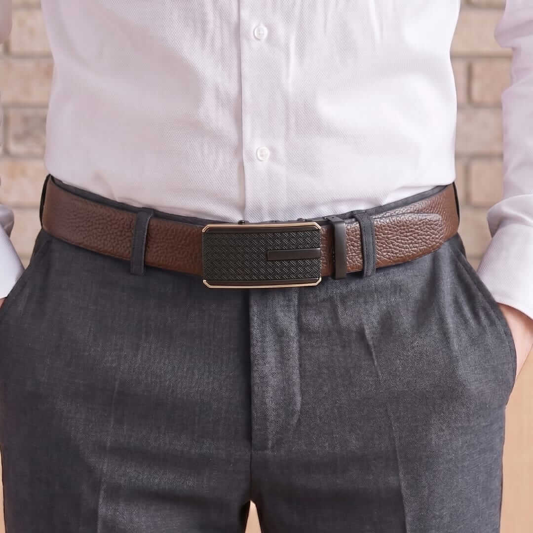 Mens 100% Genuine Leather Belt - LUXORIC Pebble-Grain, KRYPT Basket-Weave Auto-Lock Buckle (Brown & Black Reversible) — Leather Belts for Men | THE MEN THING