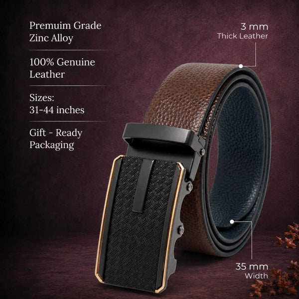 Mens 100% Genuine Leather Belt - LUXORIC Pebble-Grain, KRYPT Basket-Weave Auto-Lock Buckle (Brown & Black Reversible)