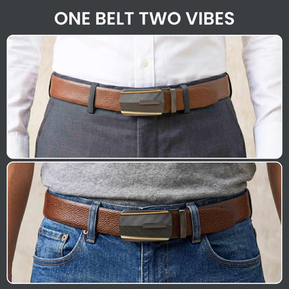 Mens 100% Genuine Leather Belt - LUXORIC Pebble-Grain, REGALIX Textured Auto-Lock Buckle (Brown & Black Reversible) — Leather Belts for Men | THE MEN THING