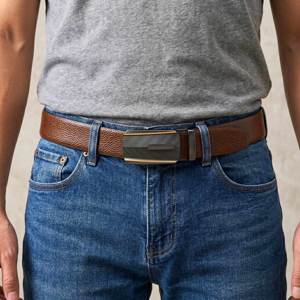 Mens 100% Genuine Leather Belt - LUXORIC Pebble-Grain, REGALIX Textured Auto-Lock Buckle (Brown & Black Reversible)