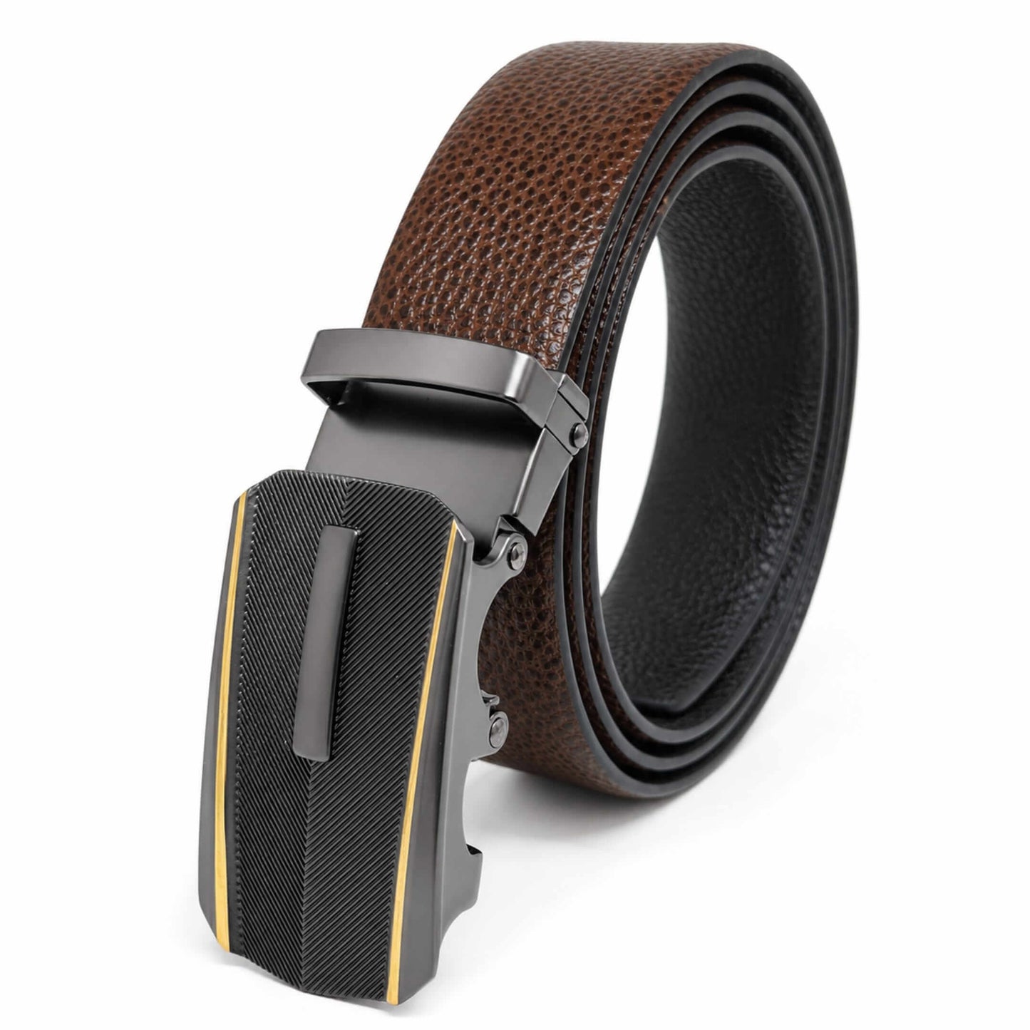 Mens 100% Genuine Leather Belt - LUXORIC Pebble-Grain, REGALIX Textured Auto-Lock Buckle (Brown & Black Reversible) — Leather Belts for Men | THE MEN THING