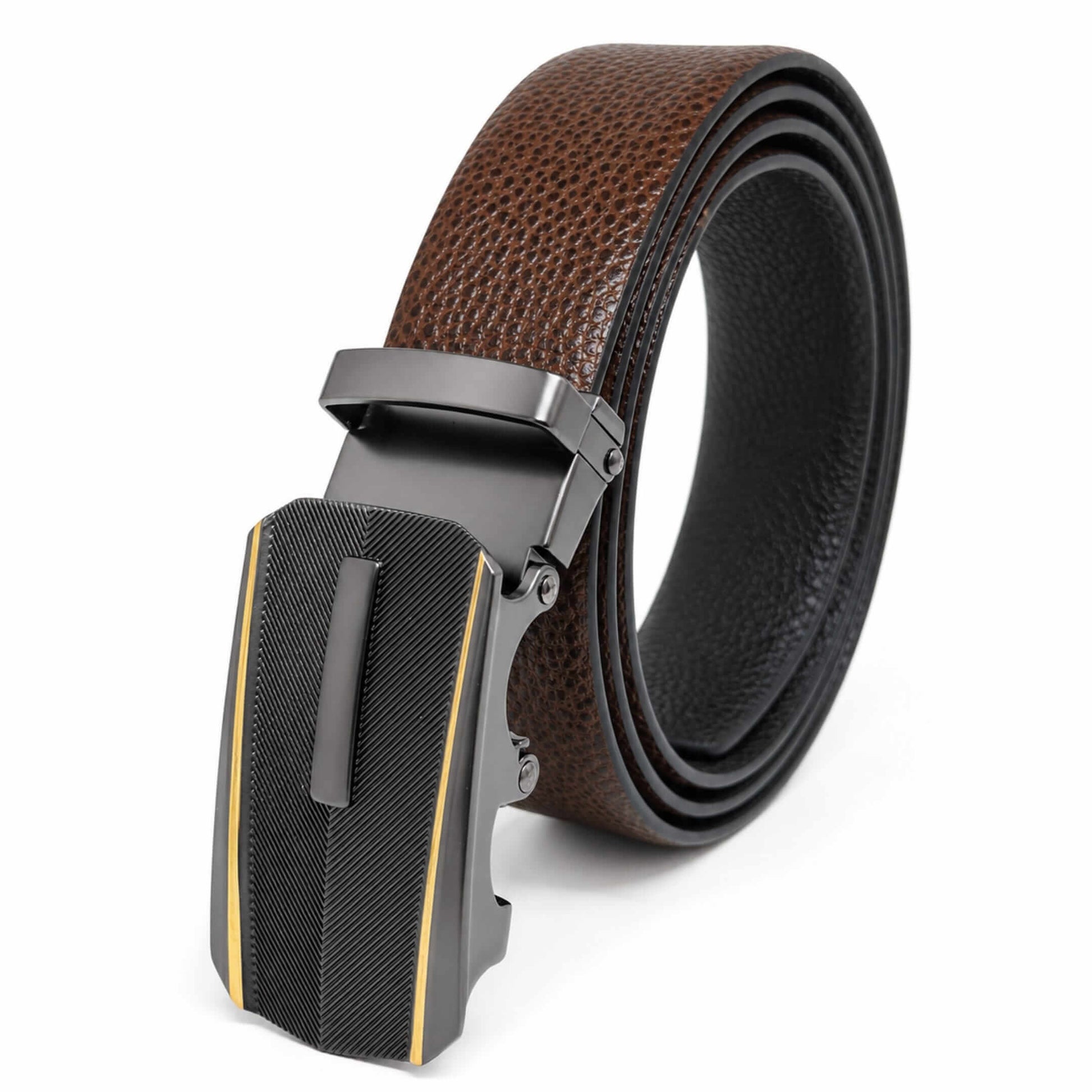 Mens 100% Genuine Leather Belt - LUXORIC Pebble-Grain, REGALIX Textured Auto-Lock Buckle (Brown & Black Reversible) — Leather Belts for Men | THE MEN THING