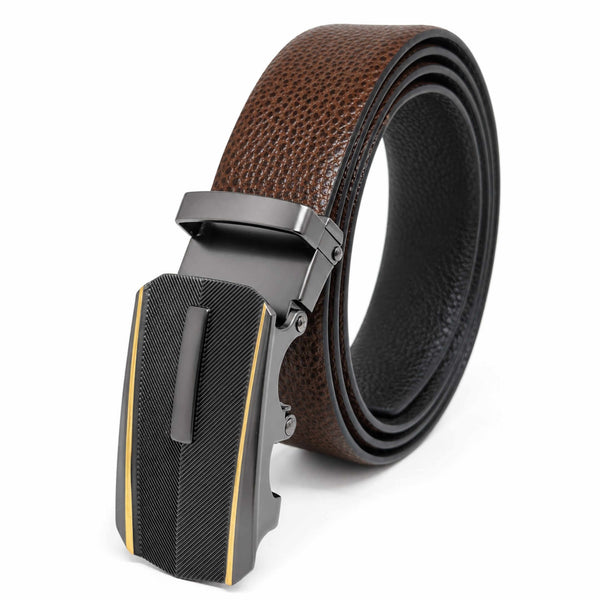 Mens 100% Genuine Leather Belt - LUXORIC Pebble-Grain, REGALIX Textured Auto-Lock Buckle (Brown & Black Reversible)