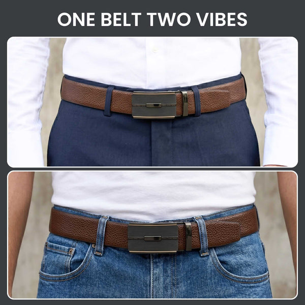 Mens 100% Genuine Leather Belt - LUXORIC Pebble-Grain, VITARO Cross-Hatch Auto-Lock Buckle (Brown & Black Reversible)