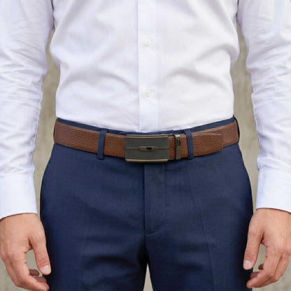 Mens 100% Genuine Leather Belt - LUXORIC Pebble-Grain, VITARO Cross-Hatch Auto-Lock Buckle (Brown & Black Reversible) — Leather Belts for Men | THE MEN THING