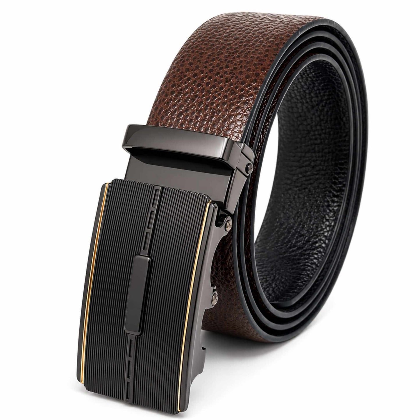Mens 100% Genuine Leather Belt - LUXORIC Pebble-Grain, VITARO Cross-Hatch Auto-Lock Buckle (Brown & Black Reversible) — Leather Belts for Men | THE MEN THING