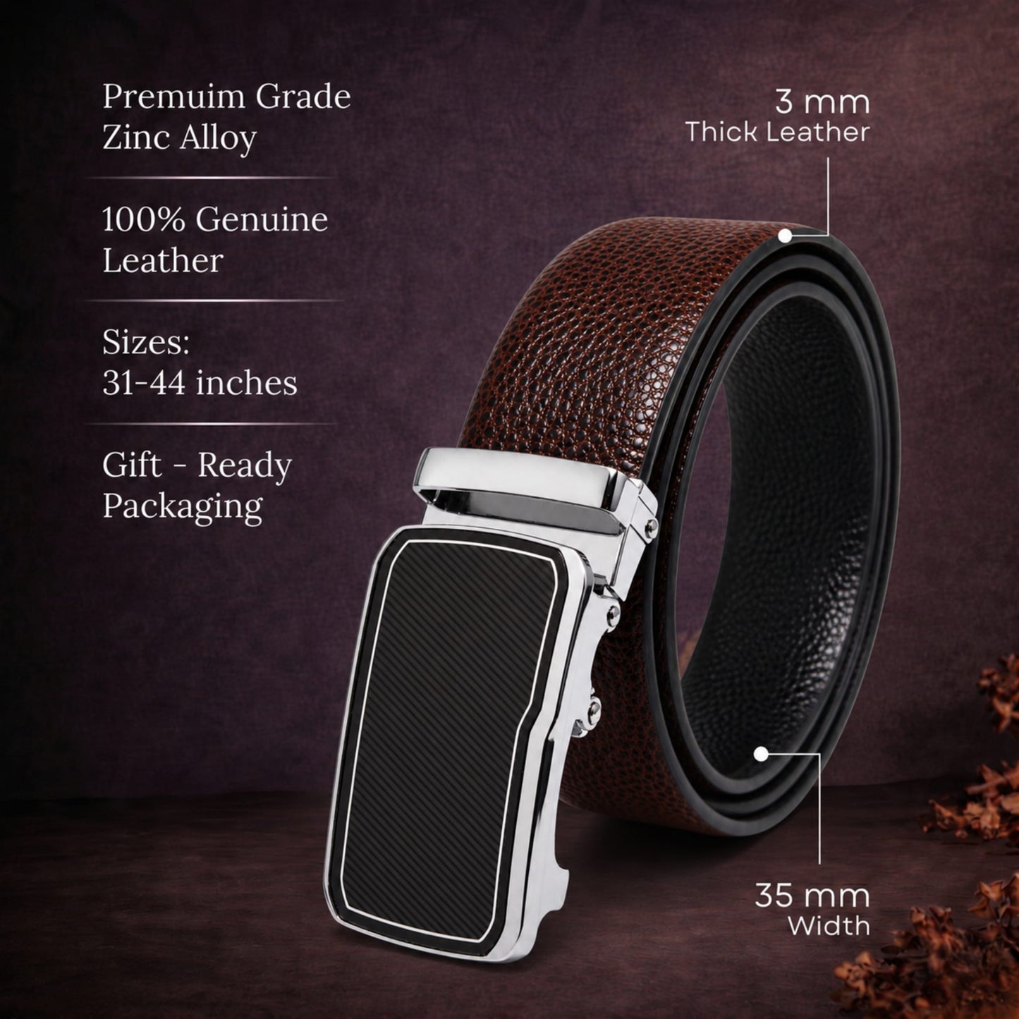 THE MEN THING Leather Belts Mens Genuine Leather Belt | 2 in 1 Reversible (Brown & Black) (1 Pc.) - LUXORIC