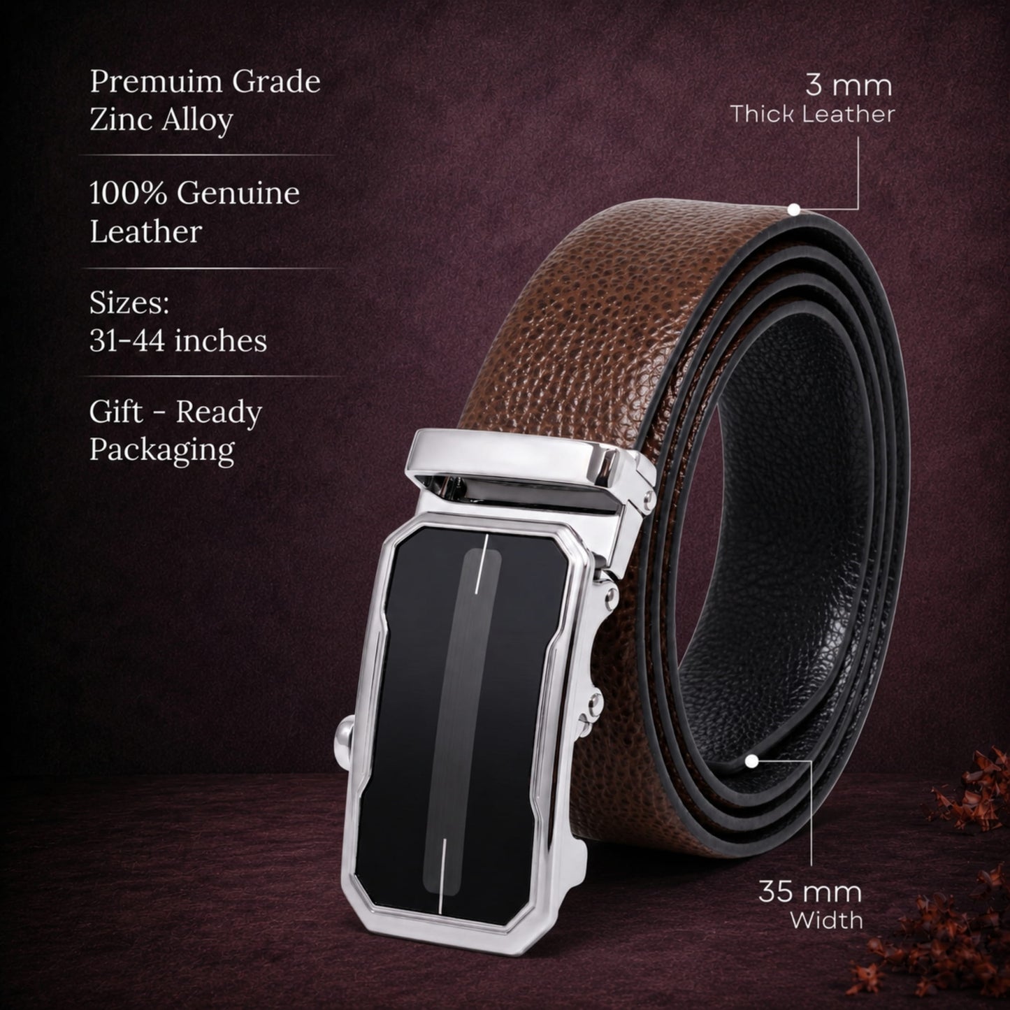 THE MEN THING Leather Belts Mens Genuine Leather Belt | 2 in 1 Reversible (Brown & Black) (1 Pc.) - LUXORIC - AVENZO