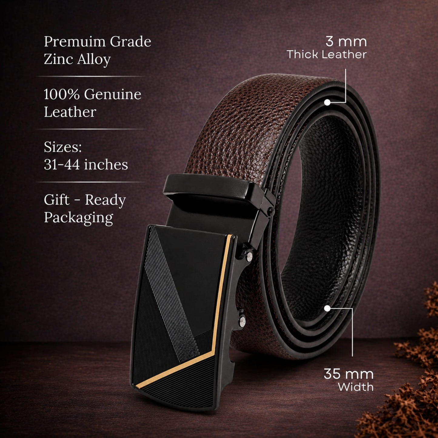 THE MEN THING Leather Belts Mens Genuine Leather Belt | 2 in 1 Reversible (Brown & Black) (1 Pc.) - LUXORIC - NOCTIS