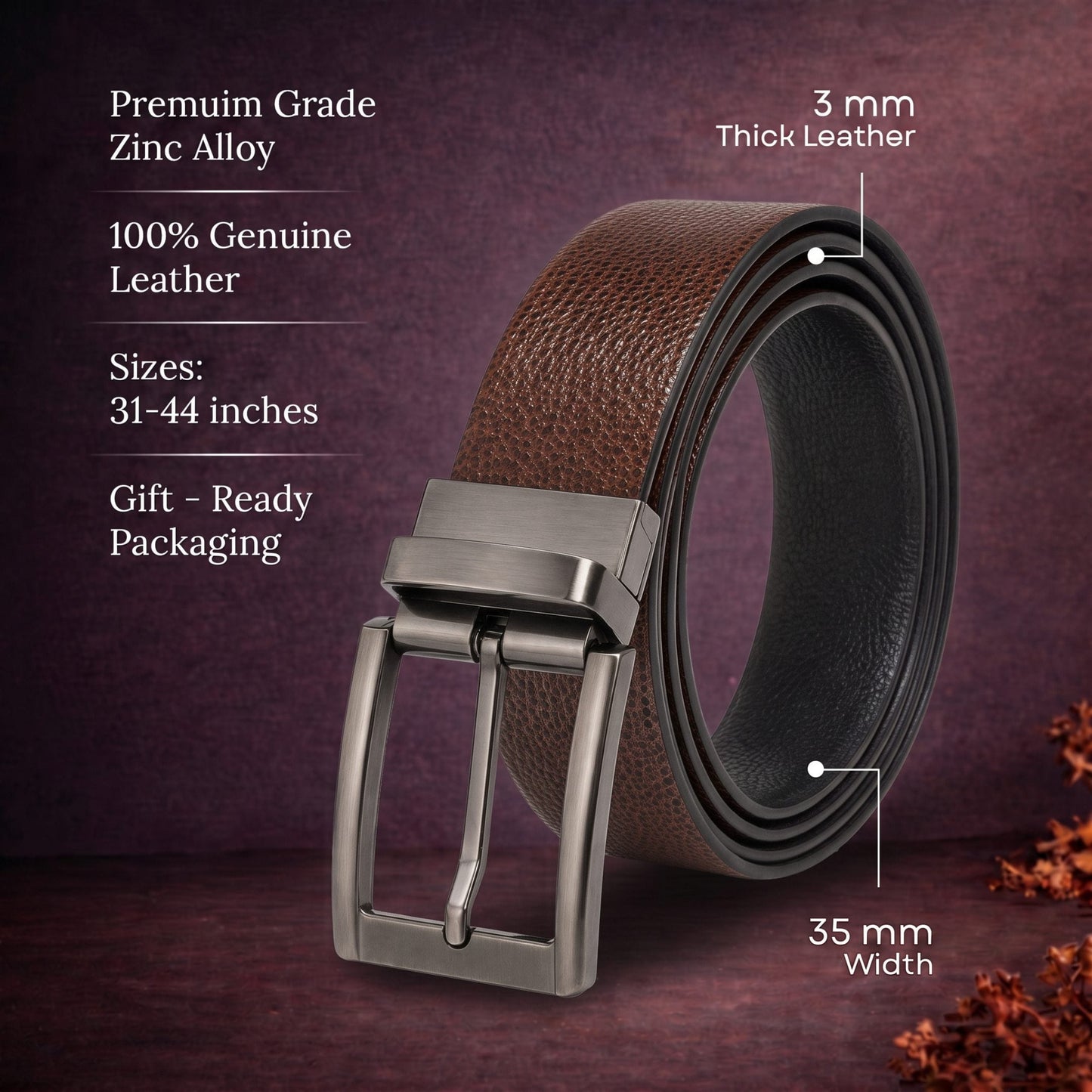 THE MEN THING Leather Belts Mens Genuine Leather Belt | 2 in 1 Reversible (Brown & Black) (1 Pc.) - LUXORIC -PIVOT