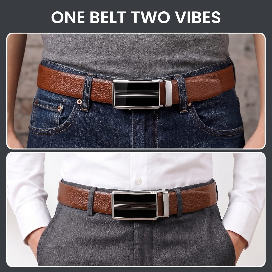 THE MEN THING Leather Belts Mens Genuine Leather Belt | 2 in 1 Reversible (Brown & Black) (1 Pc.) - LUXORIC -TREVION
