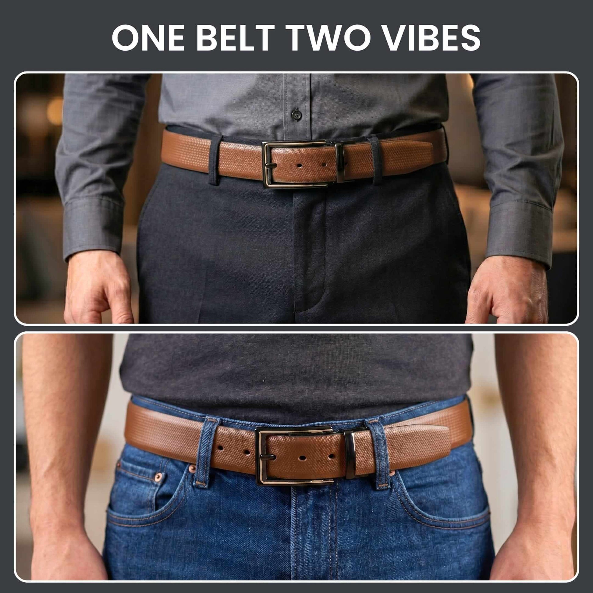 Mens 100% Genuine Leather Belt - SIGNORA Micro-Grain, CYRON Gold-Edge Gunmetal Pin Buckle (Brown & Black Reversible) — Leather Belts for Men | THE MEN THING