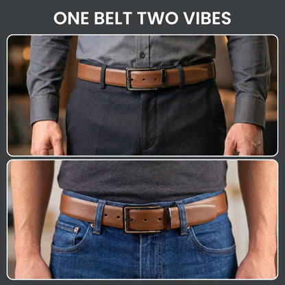 Mens 100% Genuine Leather Belt - SIGNORA Micro-Grain, CYRON Gold-Edge Gunmetal Pin Buckle (Brown & Black Reversible) — Leather Belts for Men | THE MEN THING