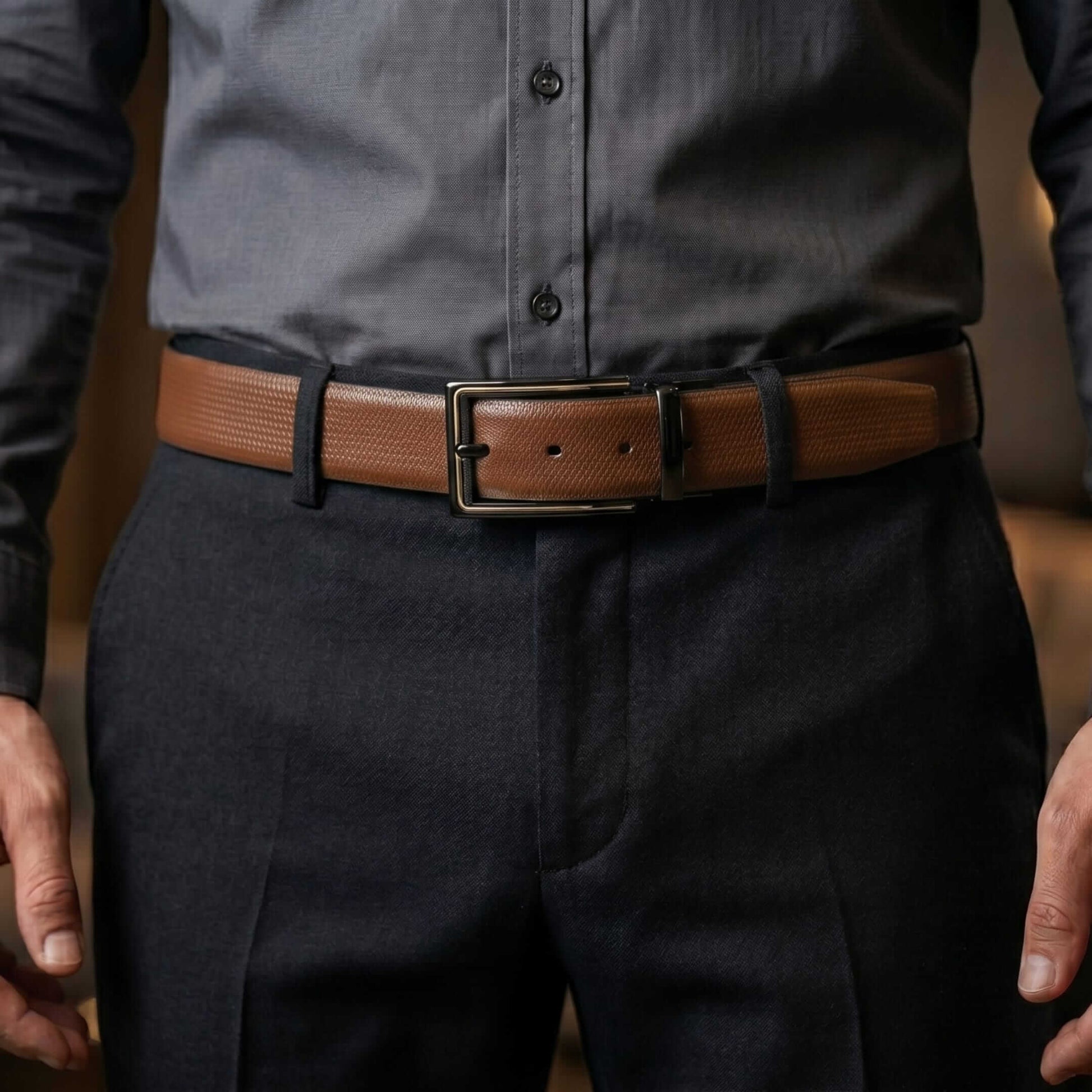 Mens 100% Genuine Leather Belt - SIGNORA Micro-Grain, CYRON Gold-Edge Gunmetal Pin Buckle (Brown & Black Reversible) — Leather Belts for Men | THE MEN THING