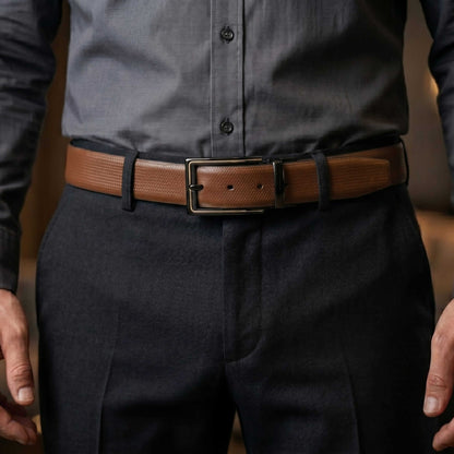 Mens 100% Genuine Leather Belt - SIGNORA Micro-Grain, CYRON Gold-Edge Gunmetal Pin Buckle (Brown & Black Reversible) — Leather Belts for Men | THE MEN THING