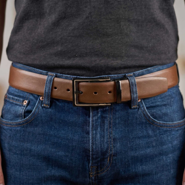 Mens 100% Genuine Leather Belt - SIGNORA Micro-Grain, CYRON Gold-Edge Gunmetal Pin Buckle (Brown & Black Reversible)