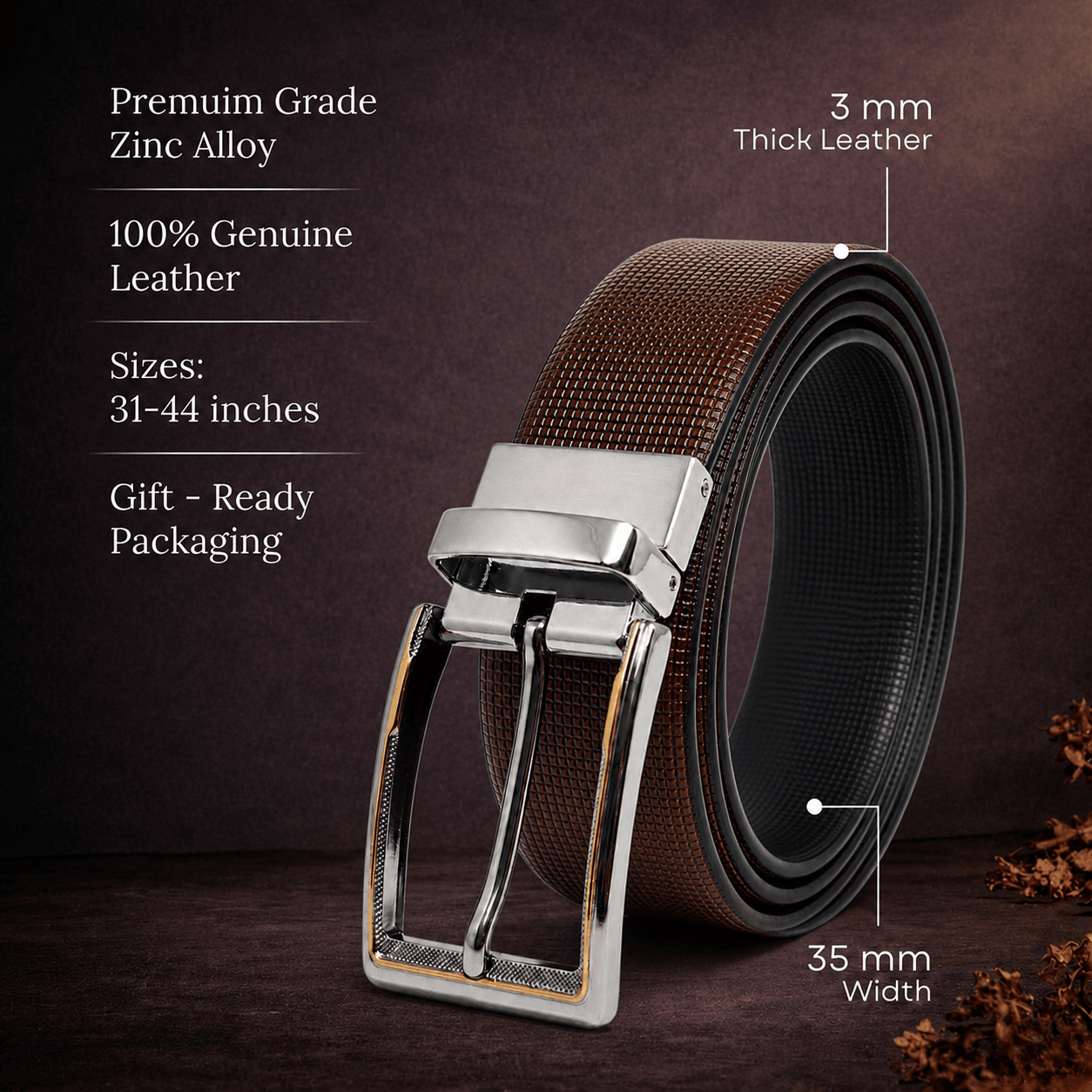 Mens 100% Genuine Leather Belt - NEXVIOR Grid-Emboss, AXIOM Polished Pin Buckle (Brown & Black Reversible) — Leather Belts for Men | THE MEN THING
