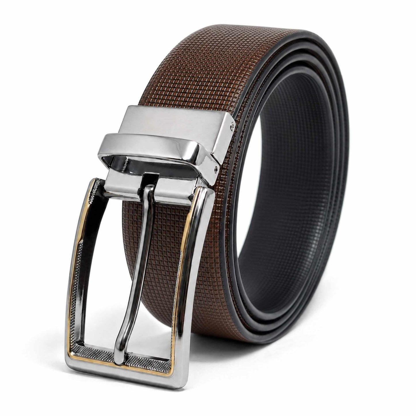 Mens 100% Genuine Leather Belt - NEXVIOR Grid-Emboss, AXIOM Polished Pin Buckle (Brown & Black Reversible) — Leather Belts for Men | THE MEN THING
