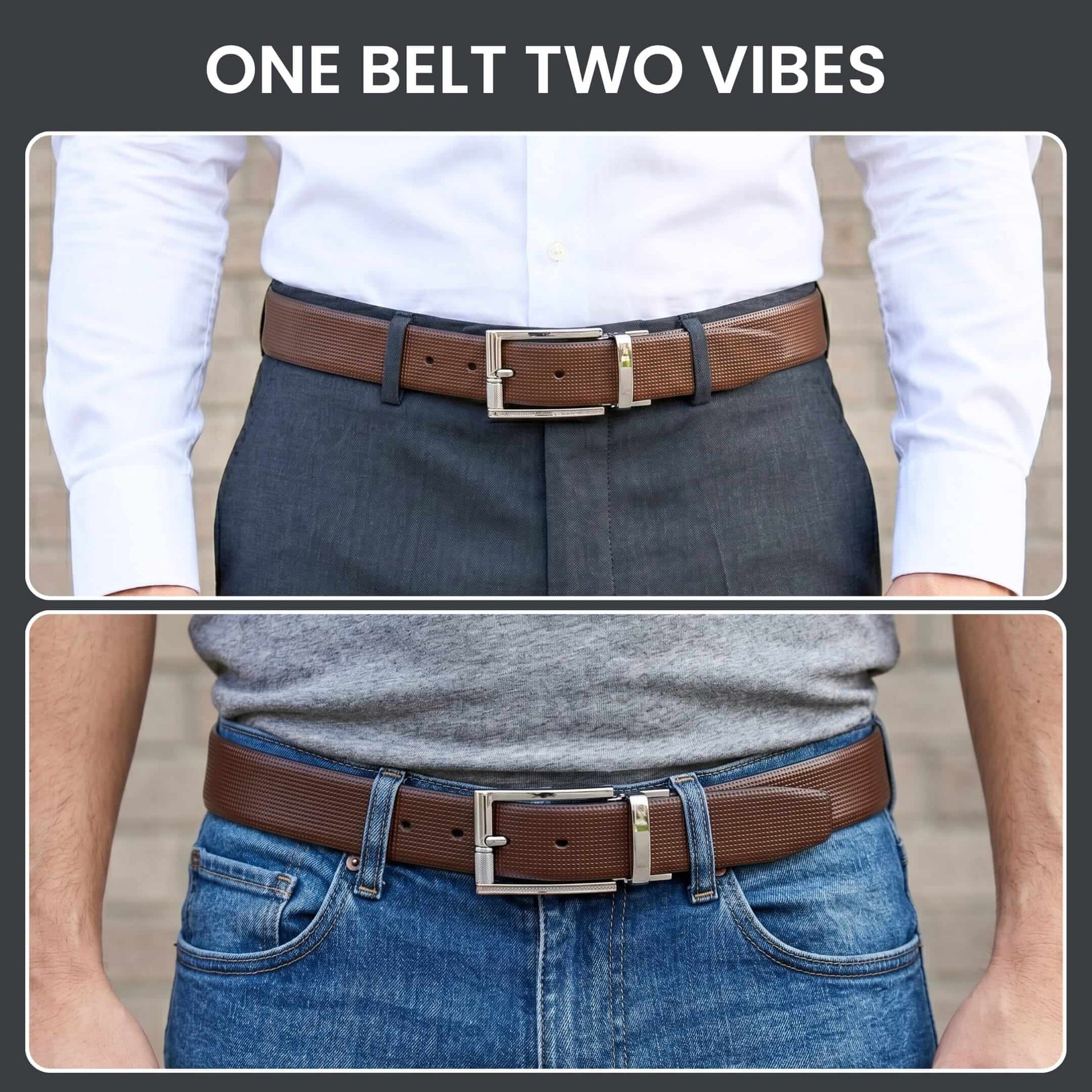 Mens 100% Genuine Leather Belt - NEXVIOR Grid-Emboss, DYNARO Mirror Chrome Pin Buckle (Brown & Black Reversible) — Leather Belts for Men | THE MEN THING