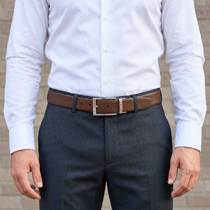 Mens 100% Genuine Leather Belt - NEXVIOR Grid-Emboss, DYNARO Mirror Chrome Pin Buckle (Brown & Black Reversible) — Leather Belts for Men | THE MEN THING