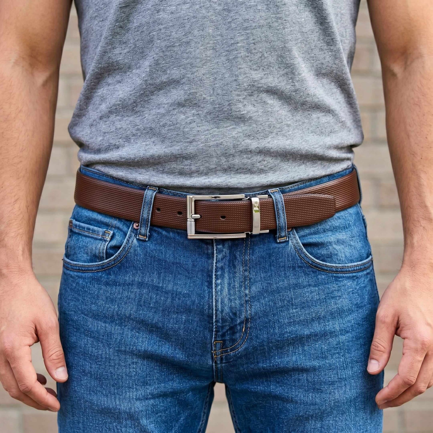 Mens 100% Genuine Leather Belt - NEXVIOR Grid-Emboss, DYNARO Mirror Chrome Pin Buckle (Brown & Black Reversible) — Leather Belts for Men | THE MEN THING