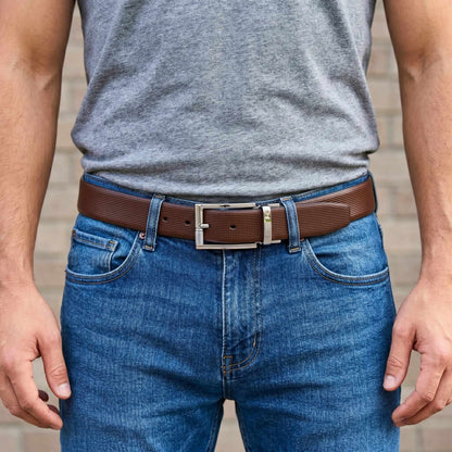 Mens 100% Genuine Leather Belt - NEXVIOR Grid-Emboss, DYNARO Mirror Chrome Pin Buckle (Brown & Black Reversible) — Leather Belts for Men | THE MEN THING