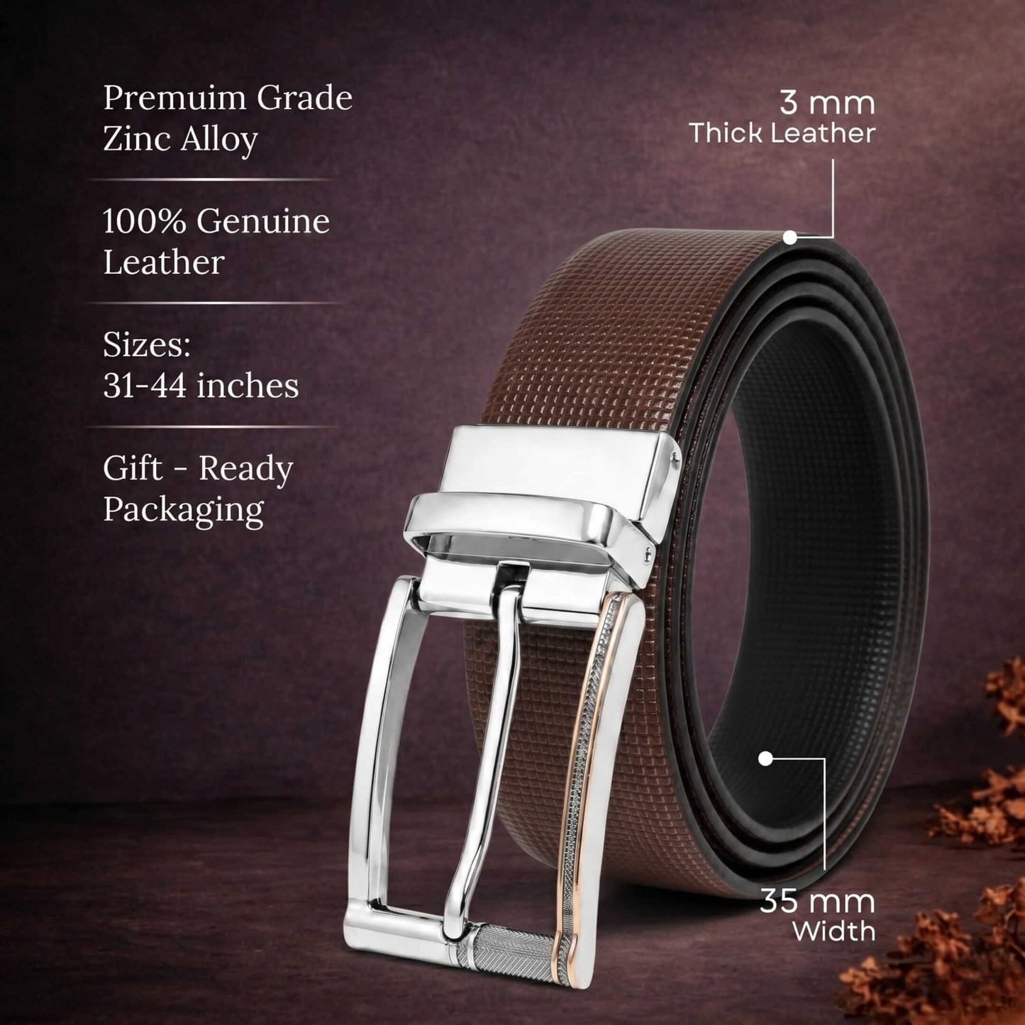 Mens 100% Genuine Leather Belt - NEXVIOR Grid-Emboss, DYNARO Mirror Chrome Pin Buckle (Brown & Black Reversible) — Leather Belts for Men | THE MEN THING