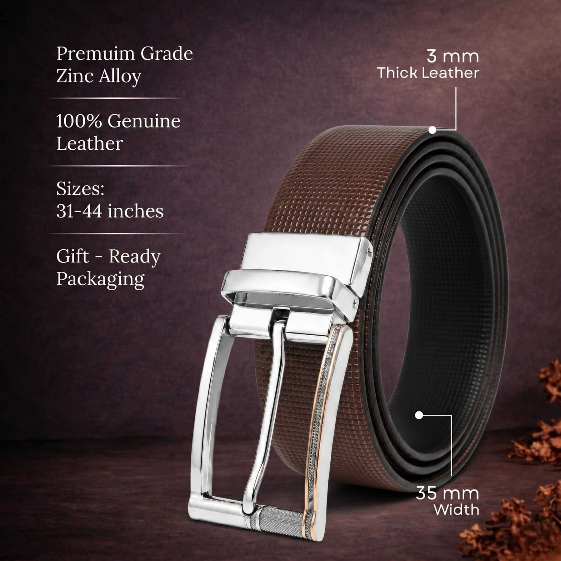 Mens 100% Genuine Leather Belt - NEXVIOR Grid-Emboss, DYNARO Mirror Chrome Pin Buckle (Brown & Black Reversible) — Leather Belts for Men | THE MEN THING