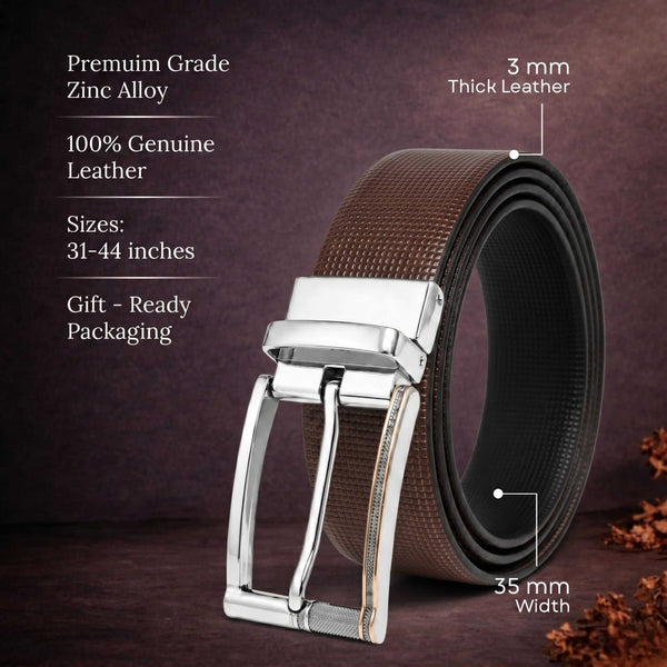 Mens 100% Genuine Leather Belt - NEXVIOR Grid-Emboss, DYNARO Mirror Chrome Pin Buckle (Brown & Black Reversible)
