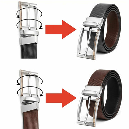 Mens 100% Genuine Leather Belt - NEXVIOR Grid-Emboss, DYNARO Mirror Chrome Pin Buckle (Brown & Black Reversible) — Leather Belts for Men | THE MEN THING