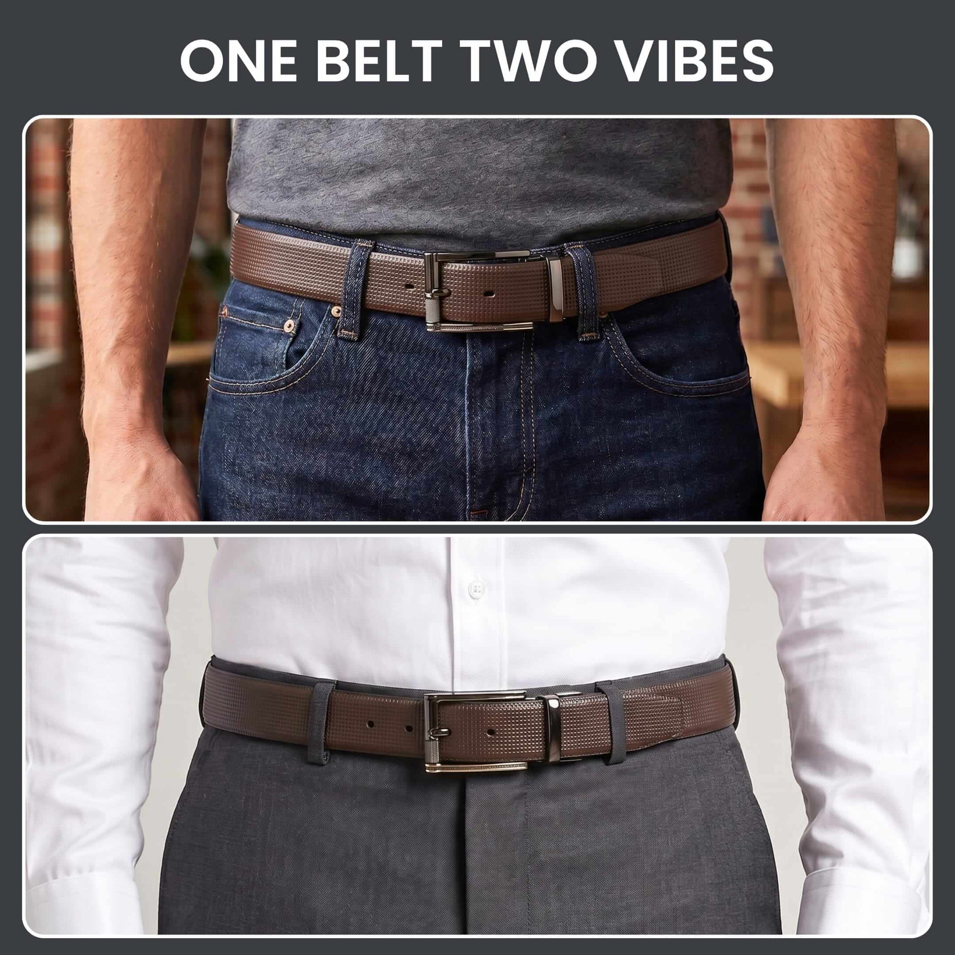 Mens 100% Genuine Leather Belt - NEXVIOR Grid-Emboss, TORIX Brushed Bronze Pin Buckle (Brown & Black Reversible) — Leather Belts for Men | THE MEN THING