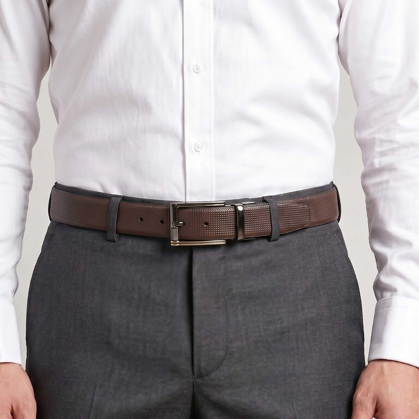 Mens 100% Genuine Leather Belt - NEXVIOR Grid-Emboss, TORIX Brushed Bronze Pin Buckle (Brown & Black Reversible) — Leather Belts for Men | THE MEN THING