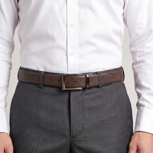 Mens 100% Genuine Leather Belt - NEXVIOR Grid-Emboss, TORIX Brushed Bronze Pin Buckle (Brown & Black Reversible)