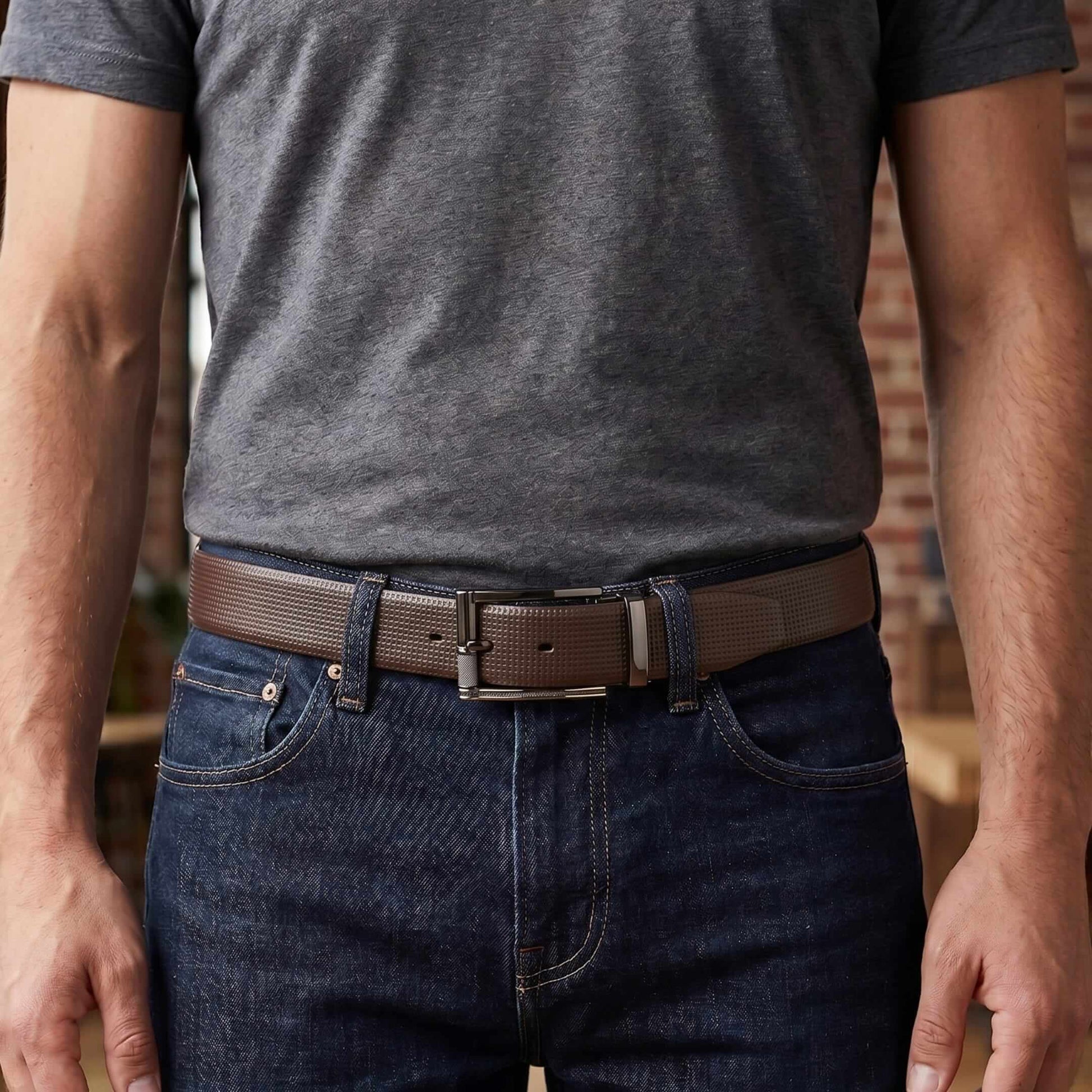 Mens 100% Genuine Leather Belt - NEXVIOR Grid-Emboss, TORIX Brushed Bronze Pin Buckle (Brown & Black Reversible) — Leather Belts for Men | THE MEN THING