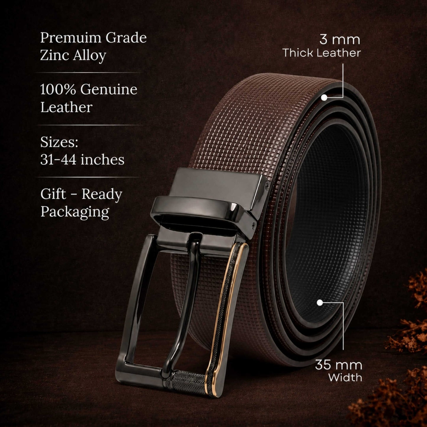 Mens 100% Genuine Leather Belt - NEXVIOR Grid-Emboss, TORIX Brushed Bronze Pin Buckle (Brown & Black Reversible) — Leather Belts for Men | THE MEN THING