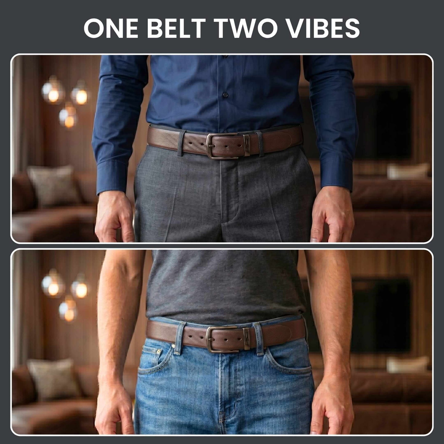 Mens 100% Genuine Leather Belt - NEXVIOR Grid-Emboss, MORVEX Matte Gunmetal Pin Buckle (Brown & Black Reversible) — Leather Belts for Men | THE MEN THING