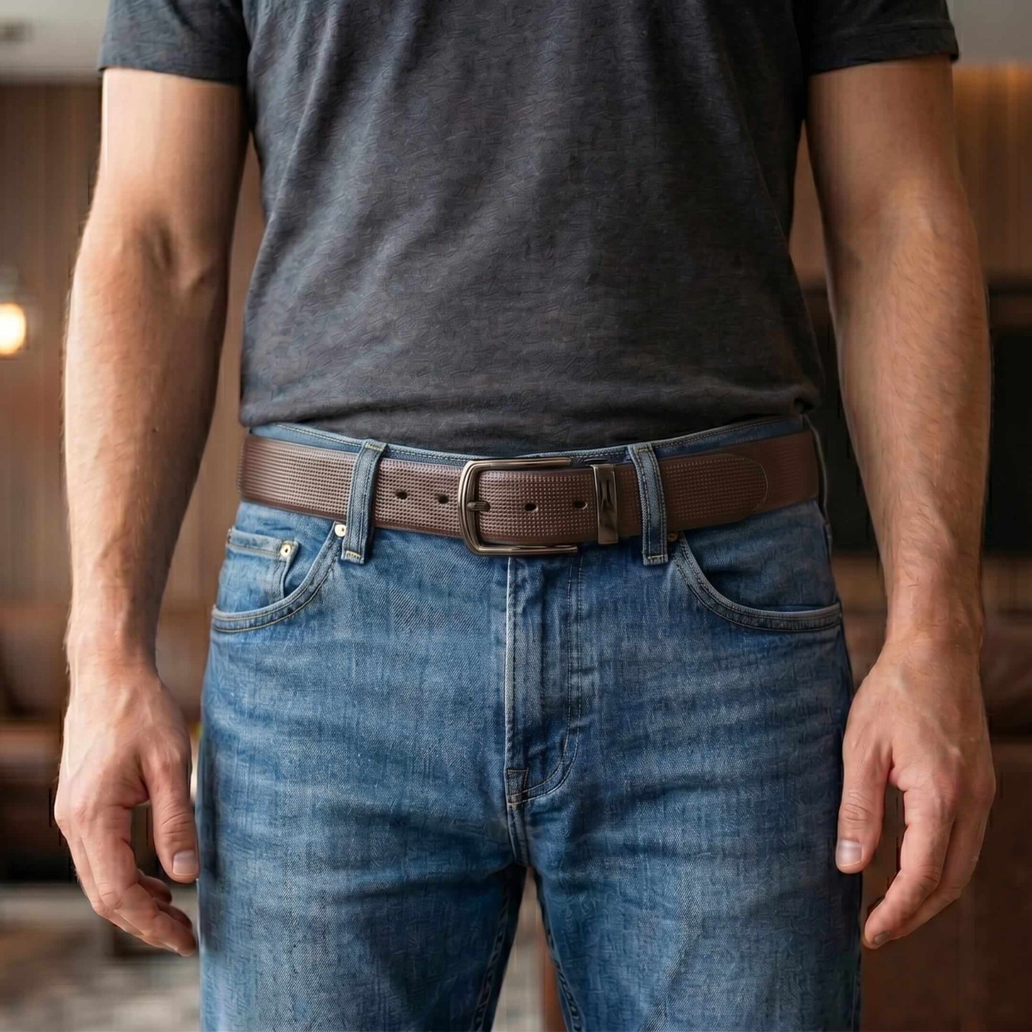 Mens 100% Genuine Leather Belt - NEXVIOR Grid-Emboss, MORVEX Matte Gunmetal Pin Buckle (Brown & Black Reversible) — Leather Belts for Men | THE MEN THING